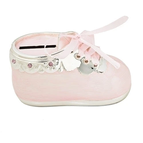 Baby Girl's Pink Shoe Bank With Jewels And Ribbon Laces 1 Baby Girl's Pink Shoe Bank With Jewels And Ribbon Laces