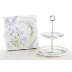 11" Porcelain 2-Tier Dessert Stand Lavender Rose In Gift Box
