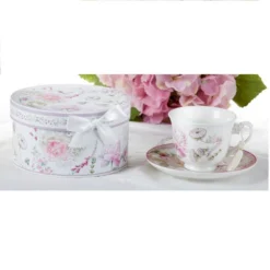 Porcelain Tea Cup & Saucer Pink Moon Rose In Gift Box